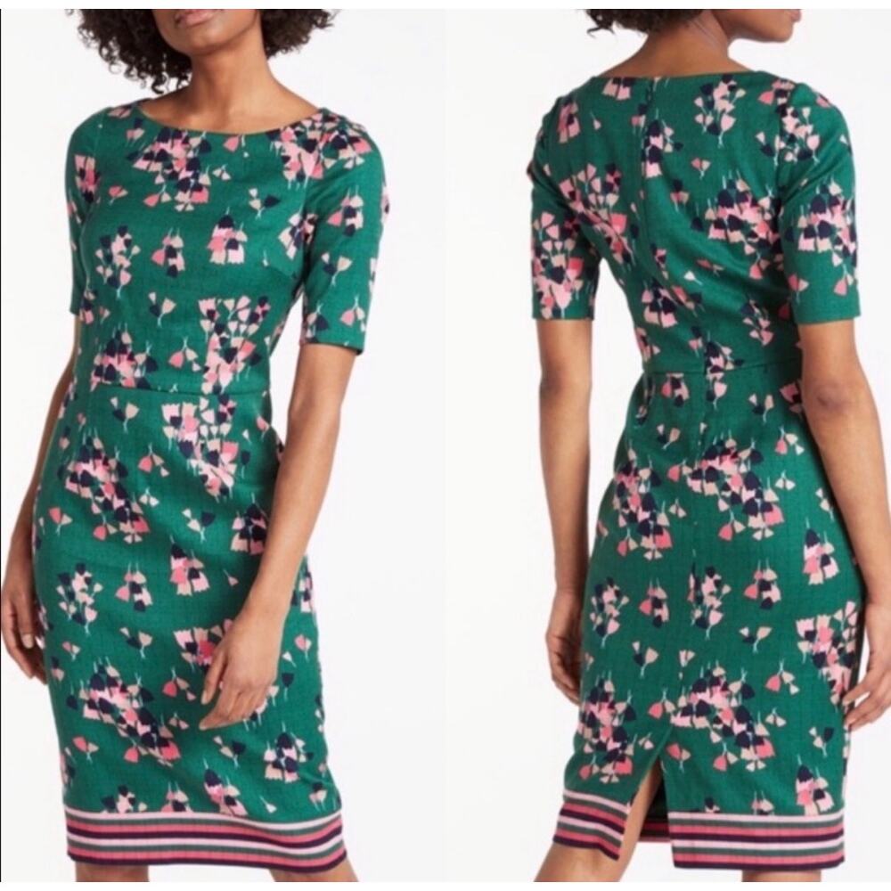 Boden Green Pink Floral Tulip Career Shift Dress Textured Cotton US 6R Romantic - Picture 13 of 13
